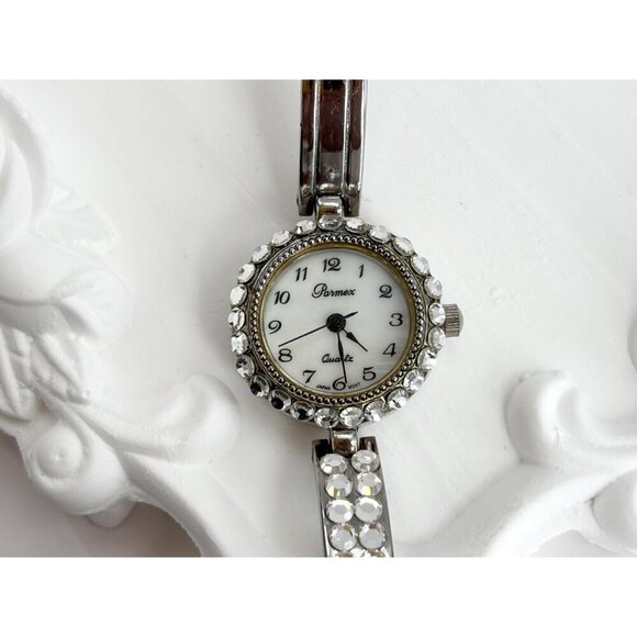 Parmex Silver Toned Vintage Rhinestoned Vintage Wristwatch - 16mm - WORKS! - Picture 9 of 10